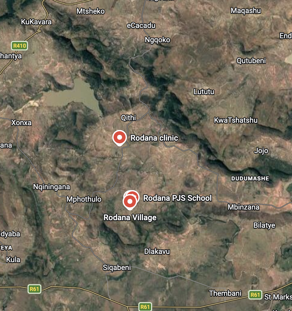 Satellite map showing Qithi Village directly adjacent to Rodana Village, Rodana Clinic, and Rodana PJS School in the Lady Frere area, confirming the San AmaQithi presence next to the Thembu Great Place