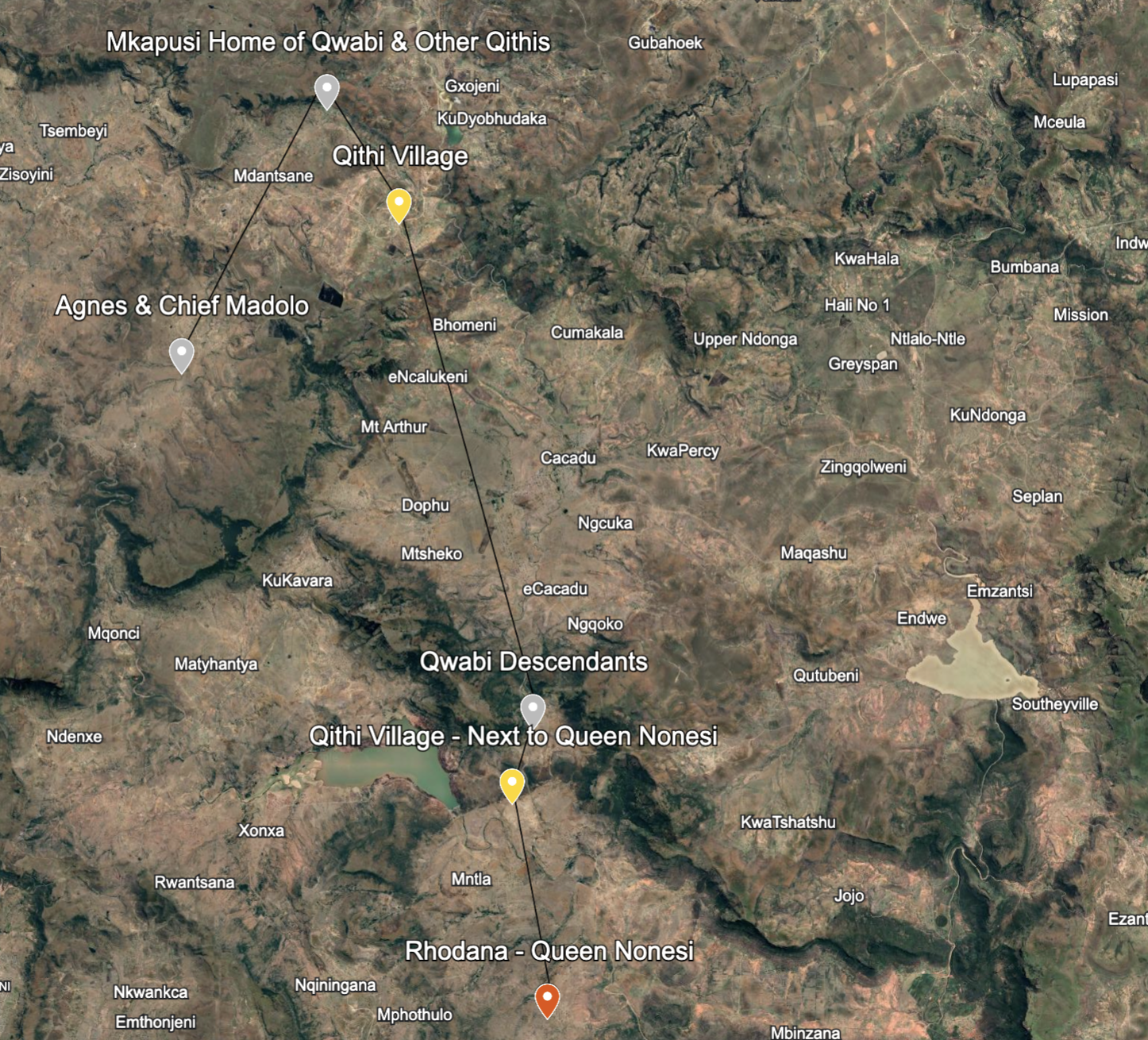 Map of Lady Frere showing Agnes (Chief Madolo and Joka family homeland), Qithi Village (AmaQithi San settlement), Mkapusi (Qwabi homestead), and Rhodana (Queen Nonesi Thembu Great Place)